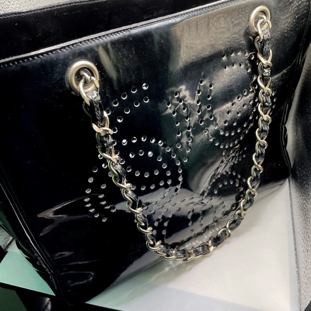 Authentic CHANEL Triple CC Chain Shoulder Tote Bag Patent Leather